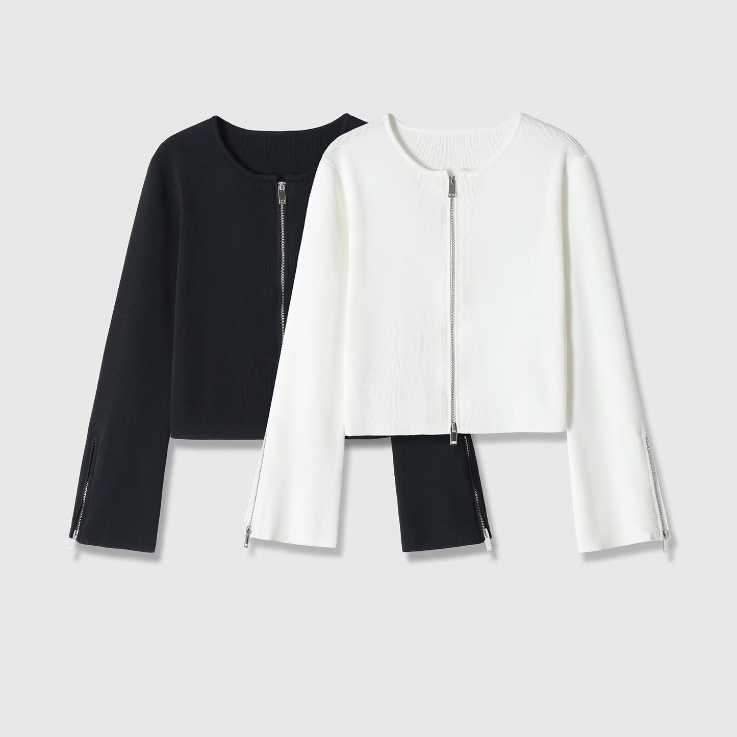 Retro style long sleeved round neck zipper jacket