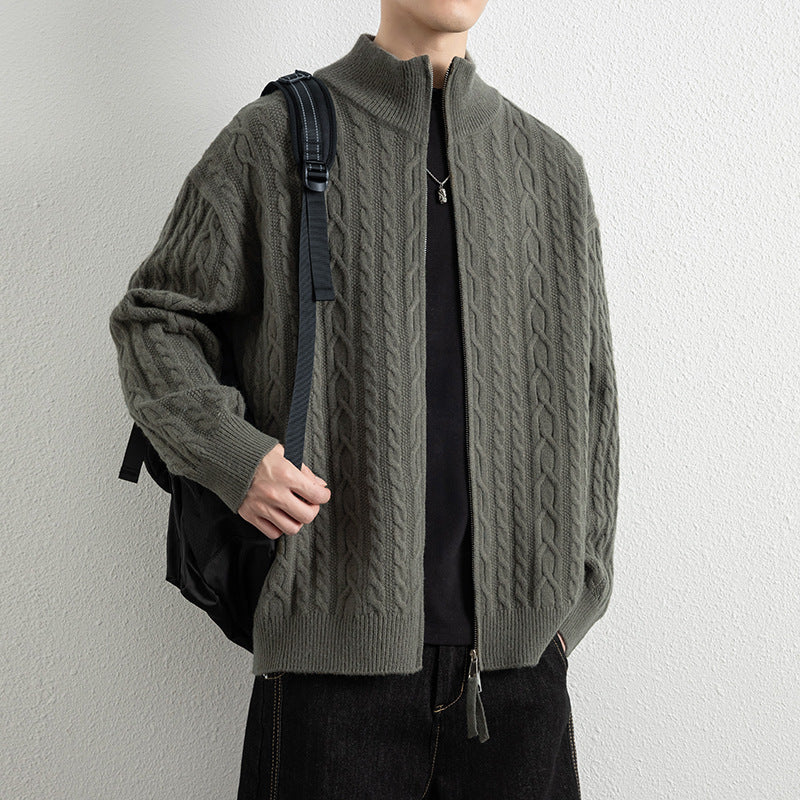 Men's Vintage Cable Knit Zip-Up Cardigan Jacket