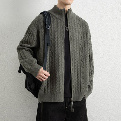 Men's Vintage Cable Knit Zip-Up Cardigan Jacket