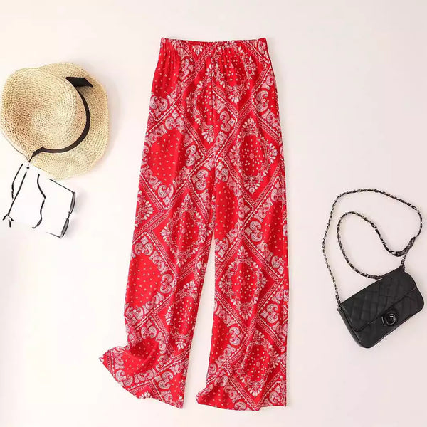 Women's Paisley Print Wide Leg Trousers - Bohemian Casual Pants