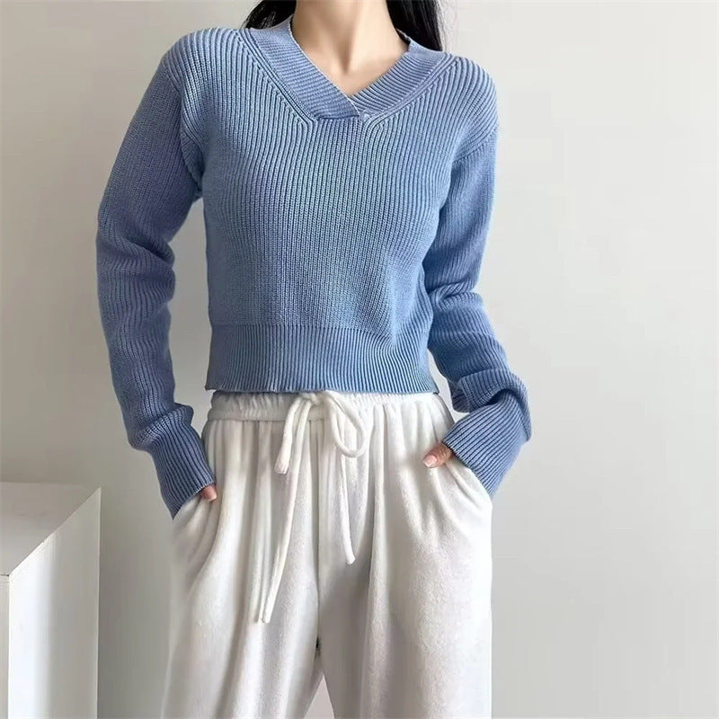 V-neck Thick Pullover Cropped Sweater