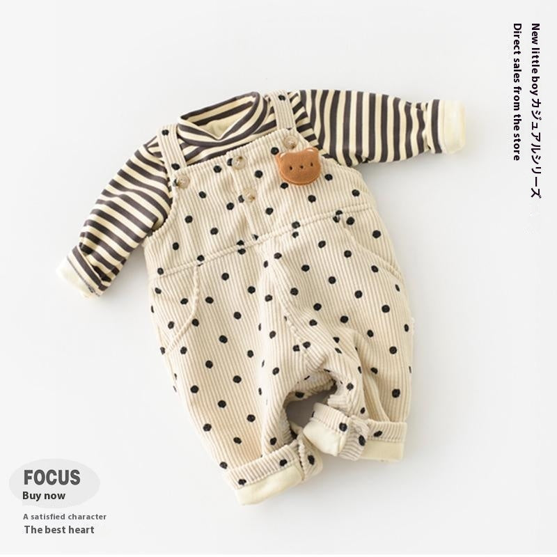 Dots And Stripes Corduroy Fleece-lined Bib Pants