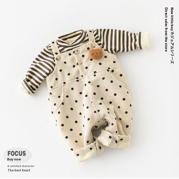 Dots And Stripes Corduroy Fleece-lined Bib Pants