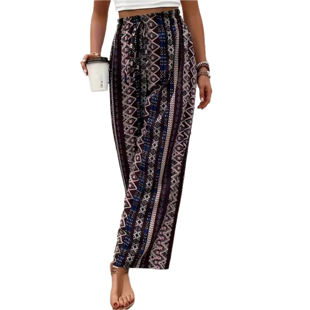Pantalon ample à jambes larges et imprimé bohème