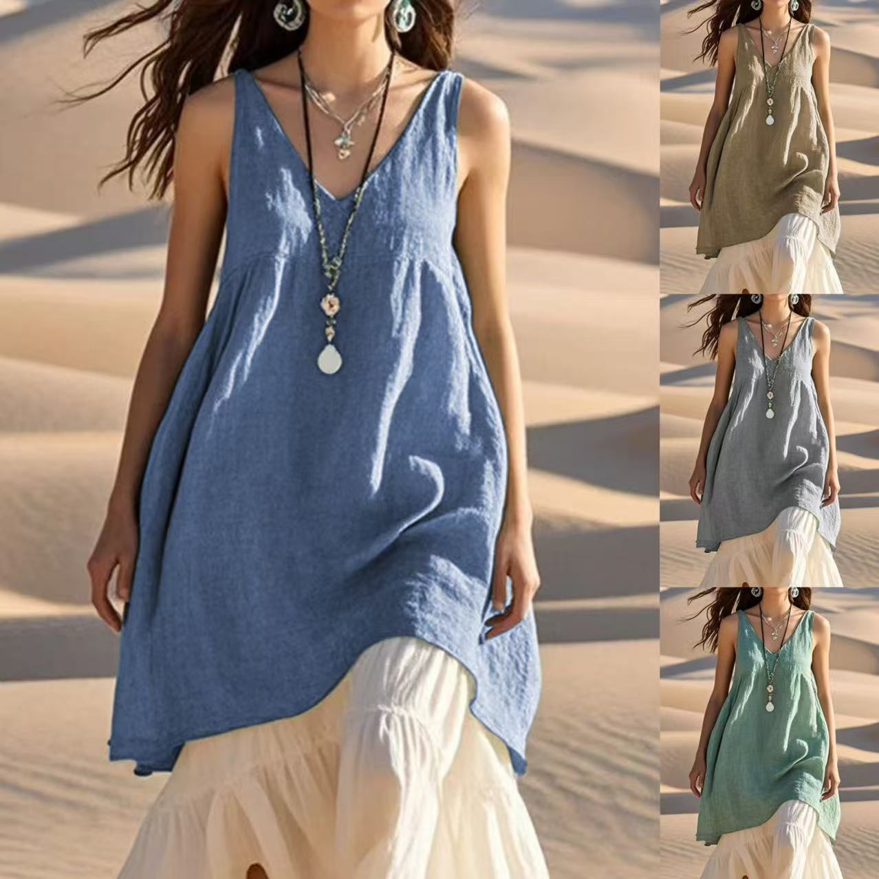 Sleeveless V-Neck Pleated Beach Dress