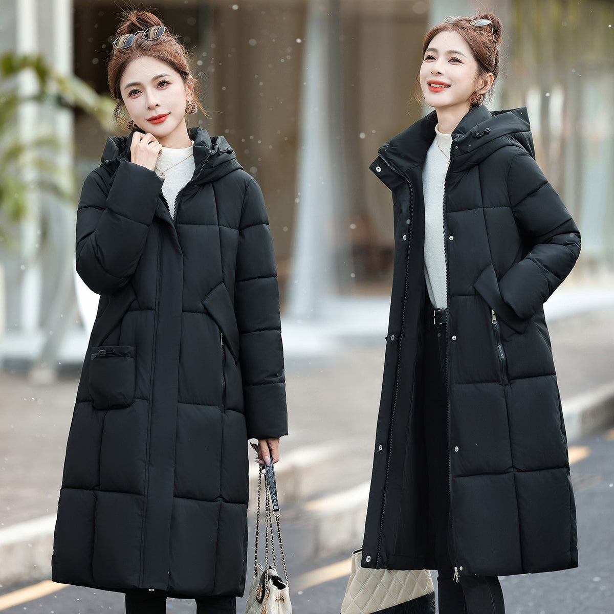 Women's Thickened Cotton-Padded Jacket Slim Fit Knee-Length Winter Coat
