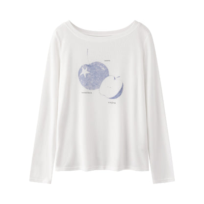 Literary Apple Print Crewneck Loose Soft Style Versatile Long Sleeve Sweatshirt