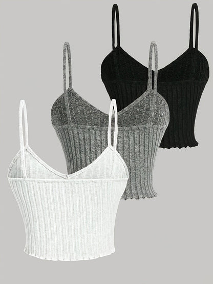 3pcs Elegant Solid Color Women's Cami Tops - Ribbed V-Neck, Sleeveless Spaghetti Strap Stretchy Top