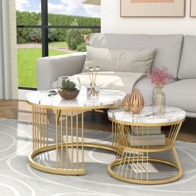 2-Piece Nesting Coffee Tables with Marble-Look Tops