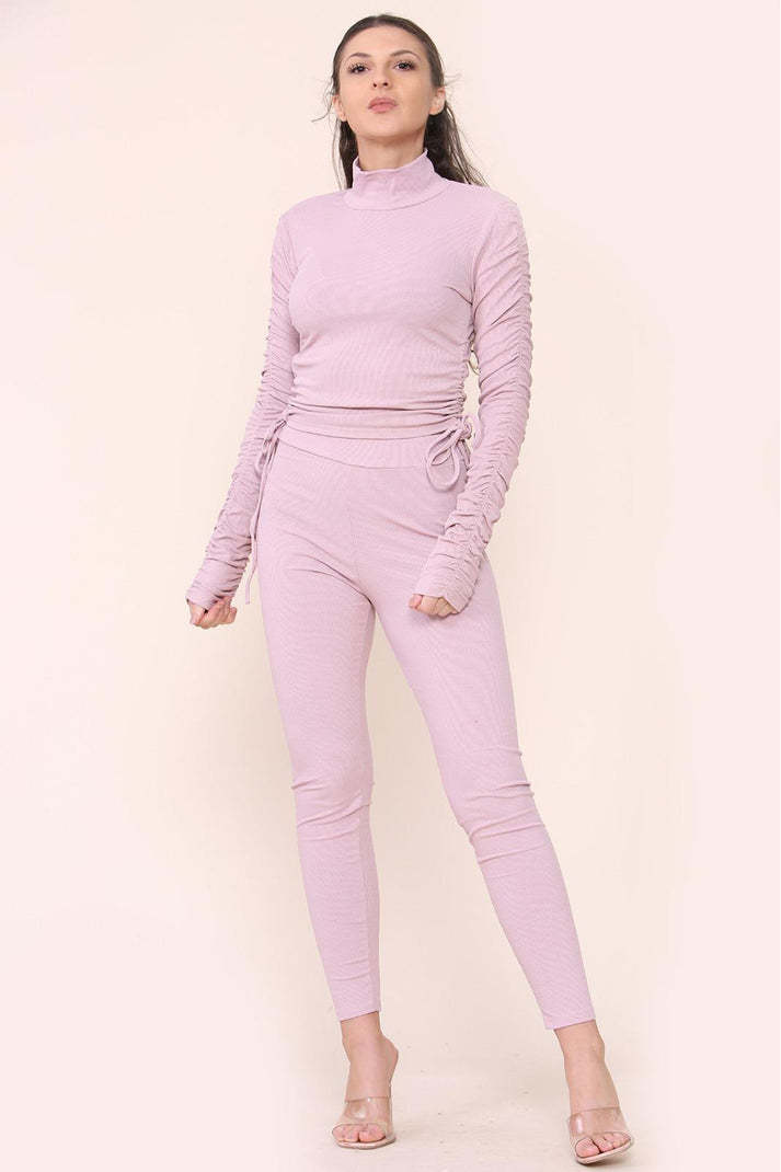 High Neck Drawstrings Ribbed Tee And Leggings Set