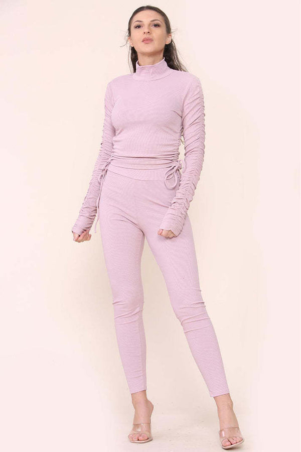 High Neck Drawstrings Ribbed Tee And Leggings Set