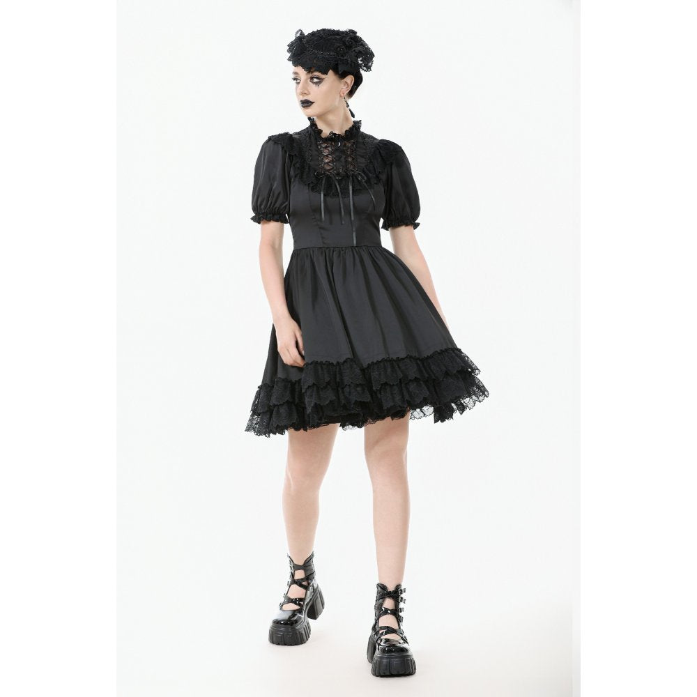 Robe Gothique Noire Dark in Love Belladonna à Manches Bouffantes et Col Montant Lacé