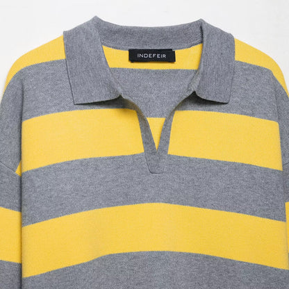 Striped polo shirt collar knit sweater