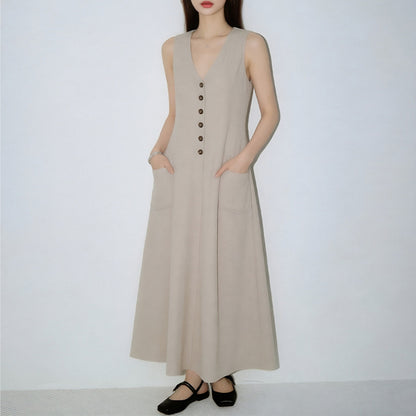 Women's V-Neck Button-Up Pencil Dress | Sleeveless High Waist | Anti-Wrinkle | 4 Colours | S–3XL