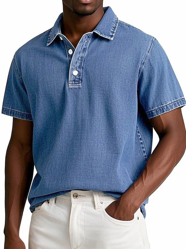 Men's Solid Colour Vintage Lapel Polo Shirt - Short Sleeve