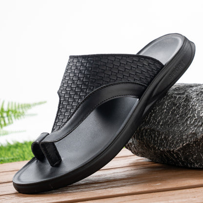 Woven Pattern Men's Slippers Summer Toe-Loop Slip-On Non-Slip Soft Sole Outdoor Beach Shoes