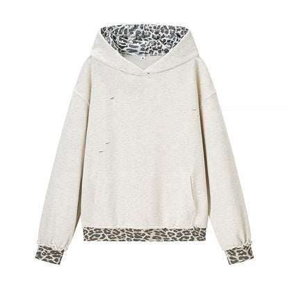 Casual versatile leopard print patchwork ripped hooded sweatshirt