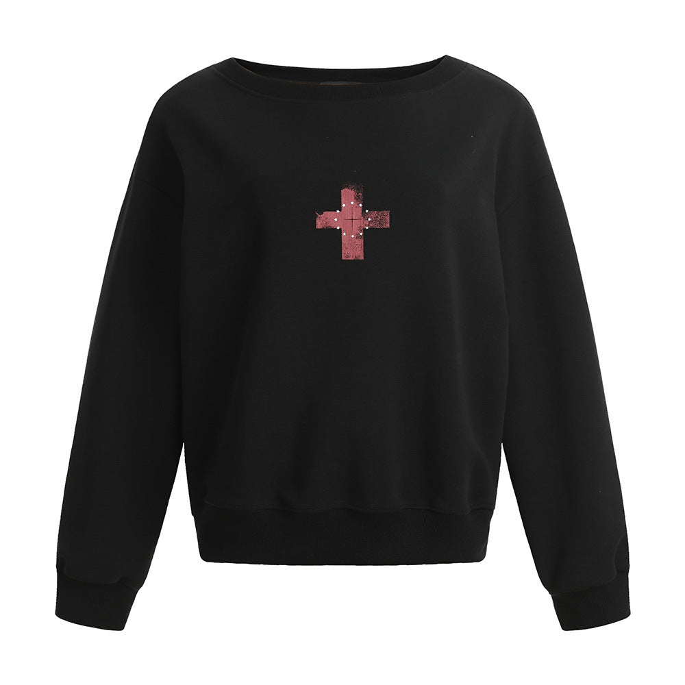 Sweat à capuche col rond à imprimé croix, manches longues, ample, streetwear décontracté