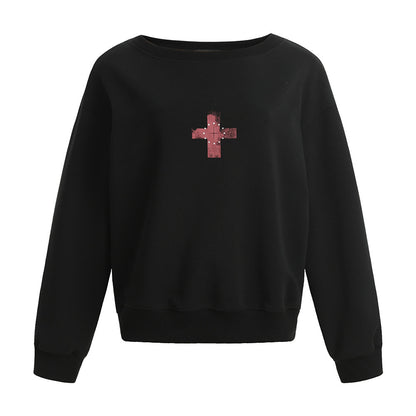 Sweat à capuche col rond à imprimé croix, manches longues, ample, streetwear décontracté