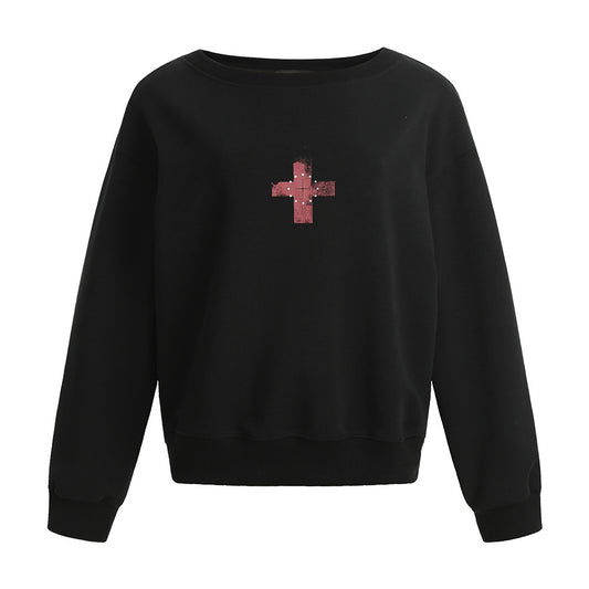 Cross-shaped Print Round Neck Long Sleeve Hoodie Loose Streetwear Casual