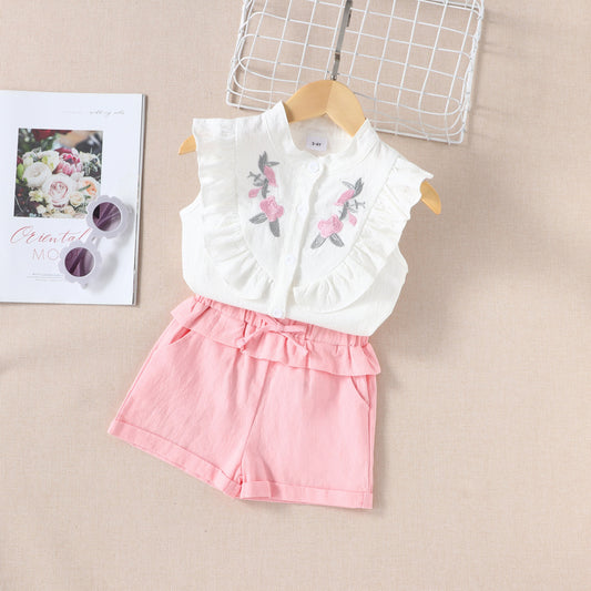 Childrens Sleeveless Embroidered Shirt Top Shorts Two-piece Set