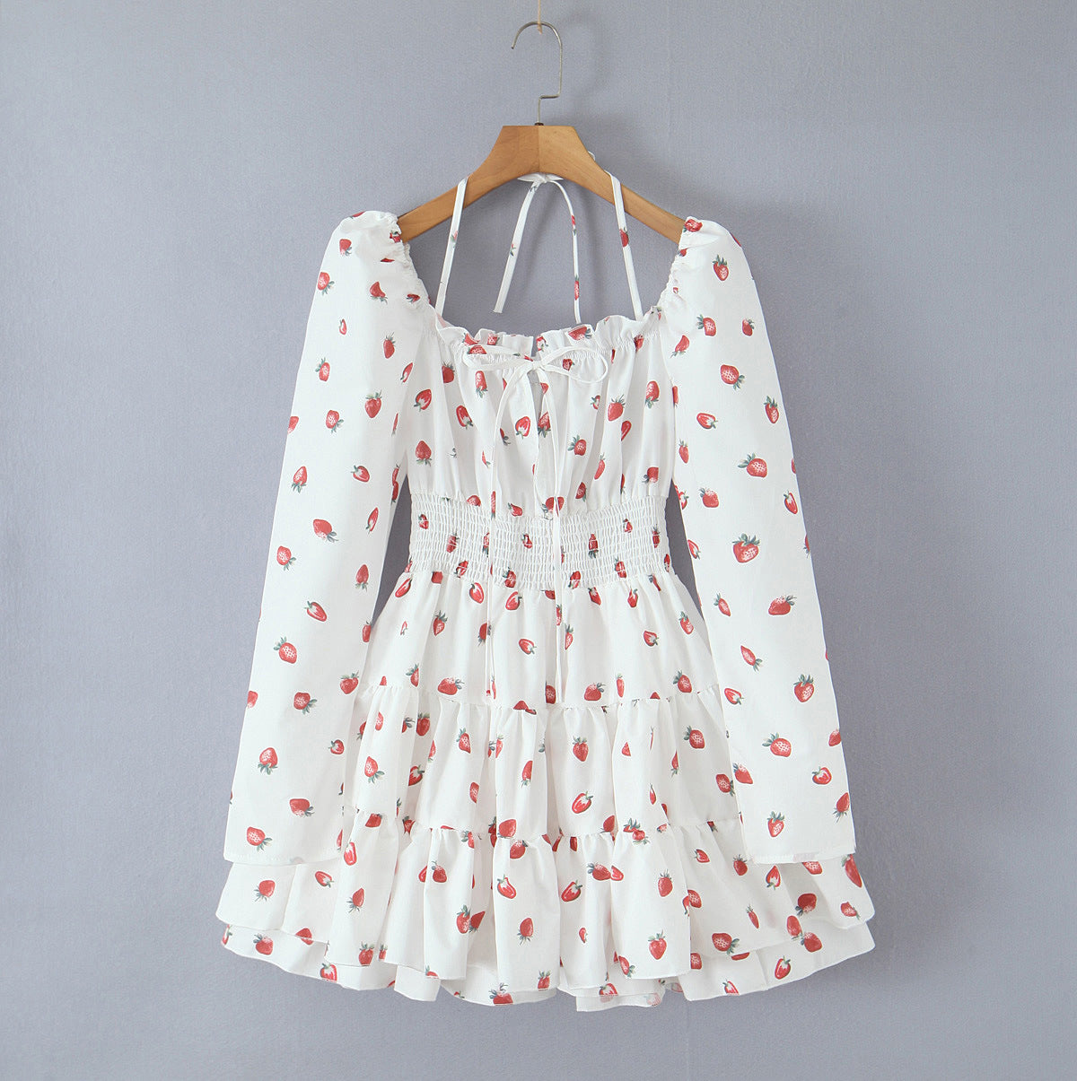 Strawberry Print Square Neck Bubble Sleeve Waist-tied Dress