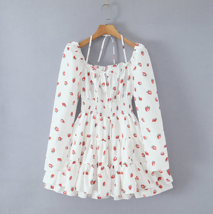 Strawberry Print Square Neck Bubble Sleeve Waist-tied Dress