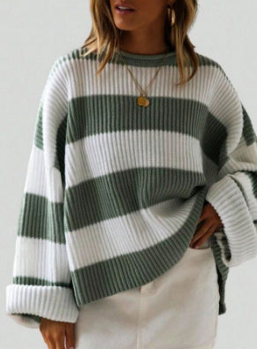 Women's Striped Pullover Sweater - Batwing Sleeve Knit Top
