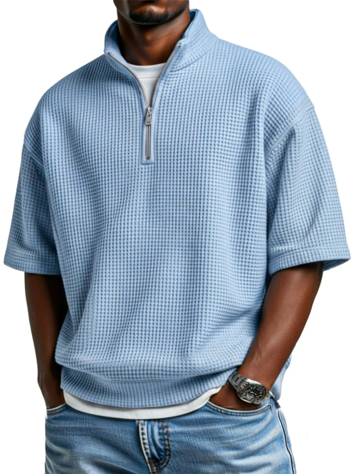Men's Waffle Knit Half-Zip Polo Shirt - Short Sleeve