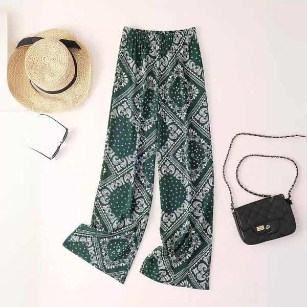 Women's Paisley Print Wide Leg Trousers - Bohemian Casual Pants