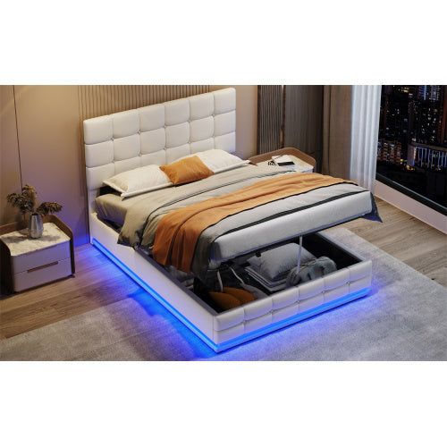Ottoman Double Bed With LED Lighting, PU Leather Upholstered Bed With Hydraulic Storage, 4ft6 Double Bed Frame With Adjustable Button Tufted Headboard, Cream White No Mattress