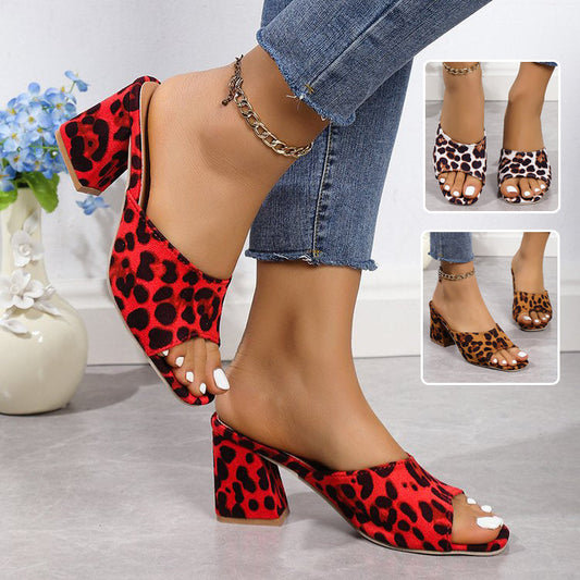 Sandales d'été à bout carré léopard et talons hauts pour femmes