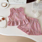Fashionable Breathable Plaid Sleeveless Top And Shorts Set For Girls