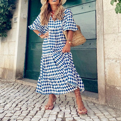 Geometric printed bubble sleeve dress
