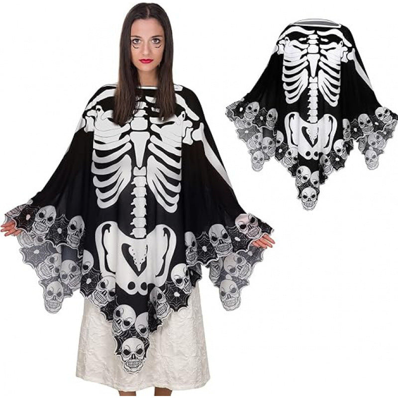 Halloween Party Costume Lace Skull Cape Day of the Dead Women's Cloak Digital Print Bone Skeleton Shawl