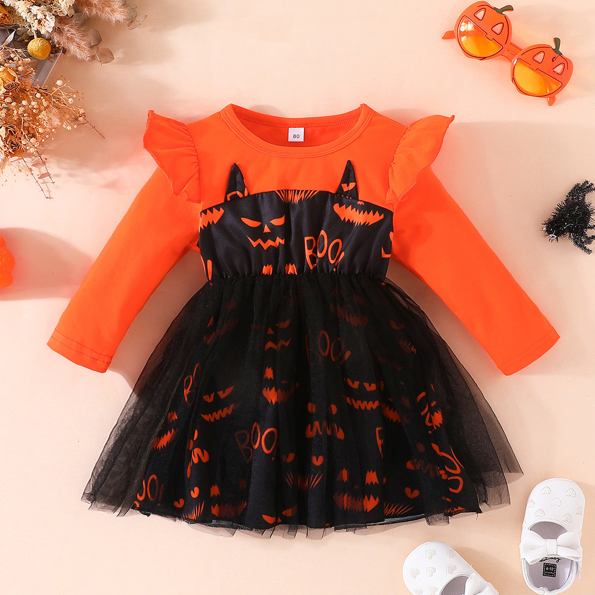 Halloween Girls' Bat Print Dress Long Sleeve Tulle Princess Dress Party Performance Outfit
