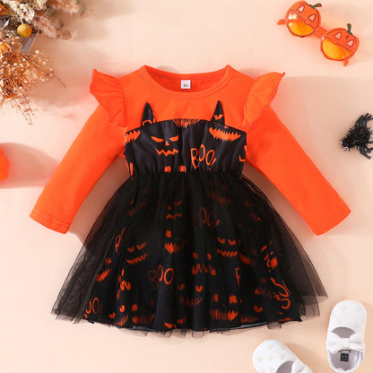 Halloween Girls' Bat Print Dress Long Sleeve Tulle Princess Dress Party Performance Outfit