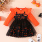Halloween Girls' Bat Print Dress Long Sleeve Tulle Princess Dress Party Performance Outfit