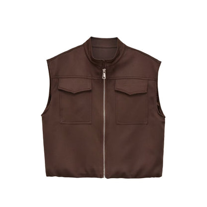 Flip zipper stand up collar loose vest