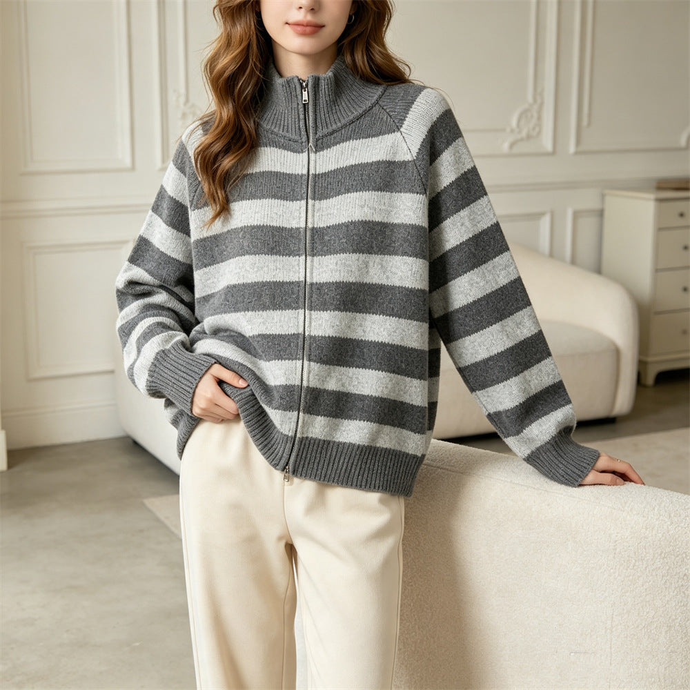 Contrast striped stand up collar sweater