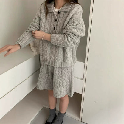 Collar pullover sweater high waisted shorts set for women