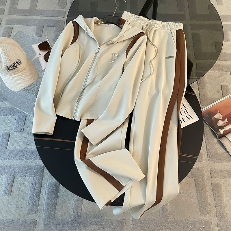 Sweatshirt Jacket with Wide Leg Pants Two-Piece Outfit