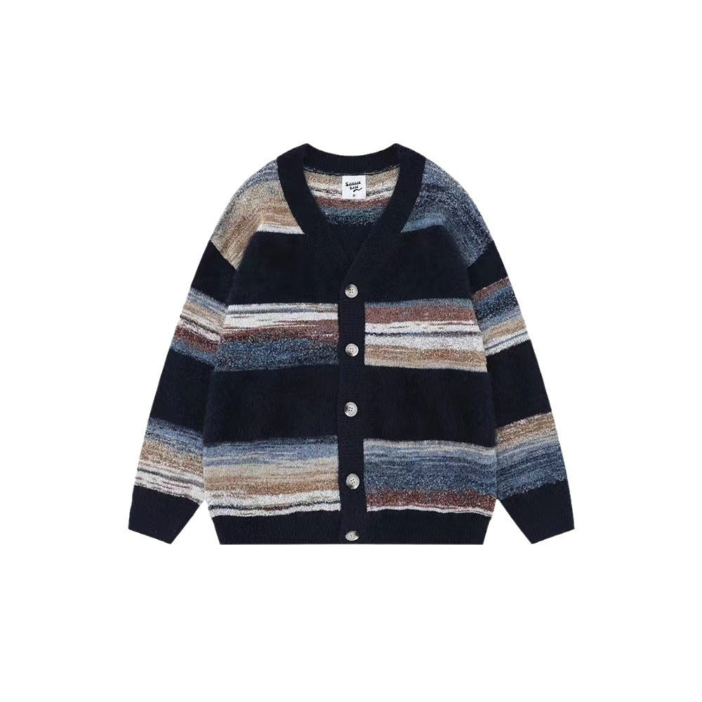 Men's Vintage Striped V-Neck Open Front Knit Cardigan