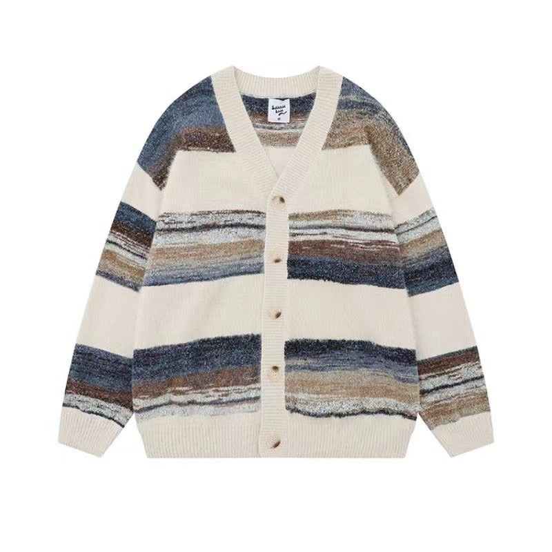 Men's Vintage Striped V-Neck Open Front Knit Cardigan