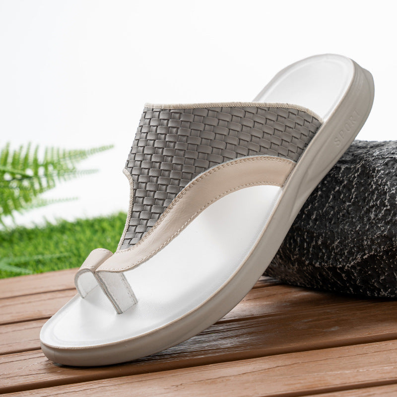 Woven Pattern Men's Slippers Summer Toe-Loop Slip-On Non-Slip Soft Sole Outdoor Beach Shoes
