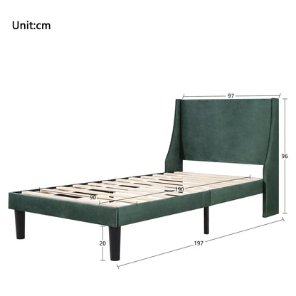 Single Bed Velvet Dark Green Upholstered Bed with Winged Headboard and Wood Slat Supports