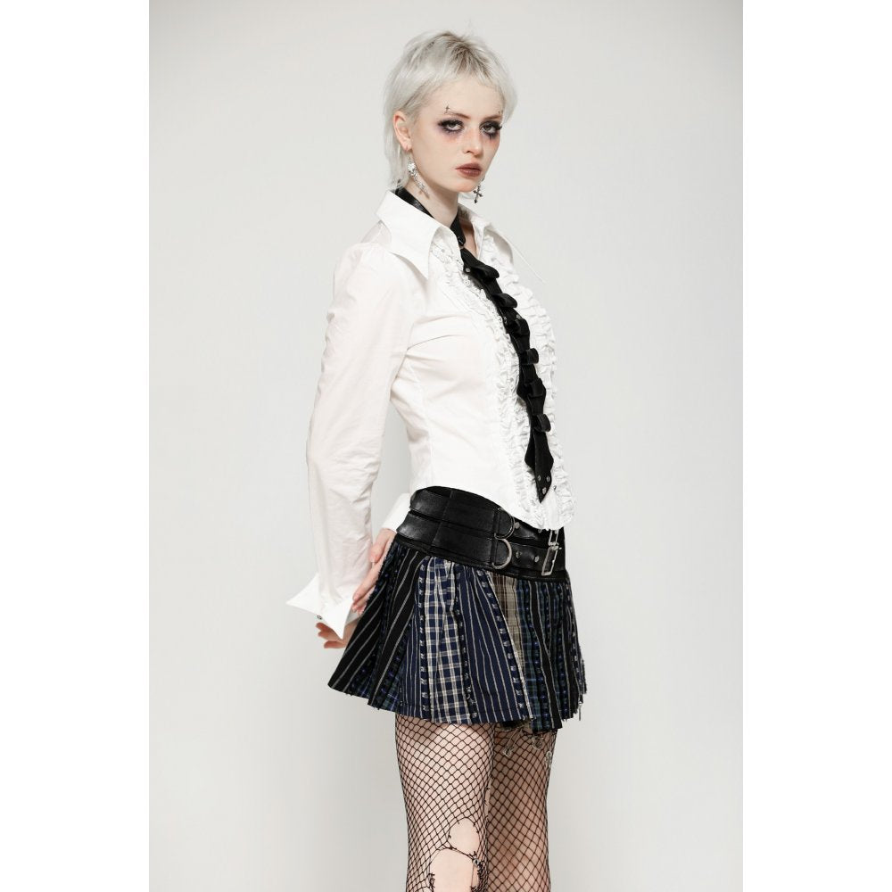 Mini-jupe plissée Dark in Love en patchwork tartan sauge et taille en cuir