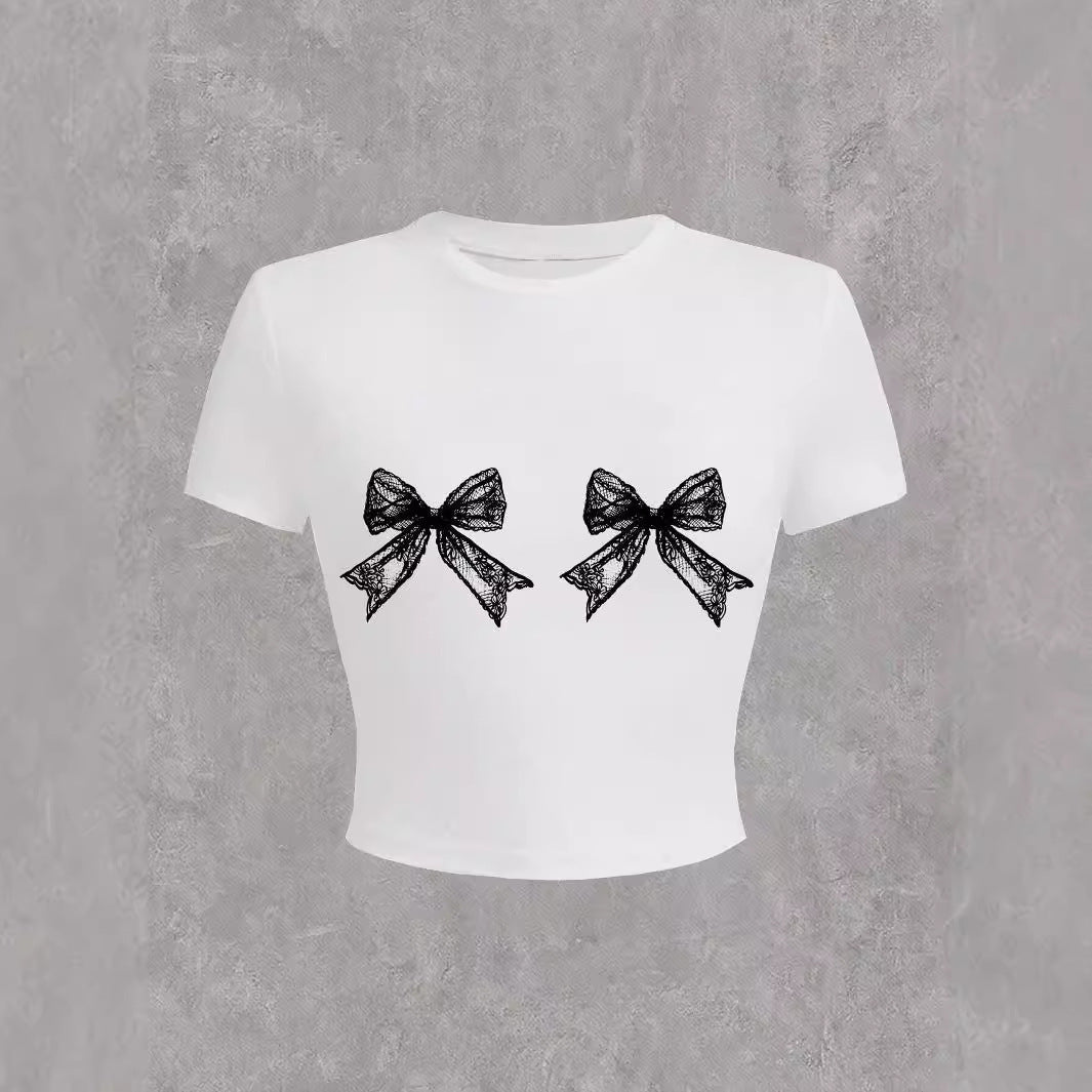 T-shirt décontracté simple à col rond avec nœud en dentelle imprimé à manches courtes