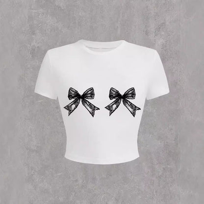 T-shirt décontracté simple à col rond avec nœud en dentelle imprimé à manches courtes