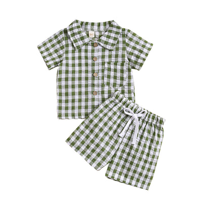 Kids Short Sleeve Plaid Shirt Two-piece Set